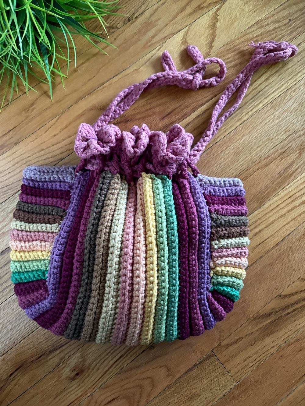 Handmade Multicolor Crochet Drawstring Pouch Bag - Pink, Purple, Brown
